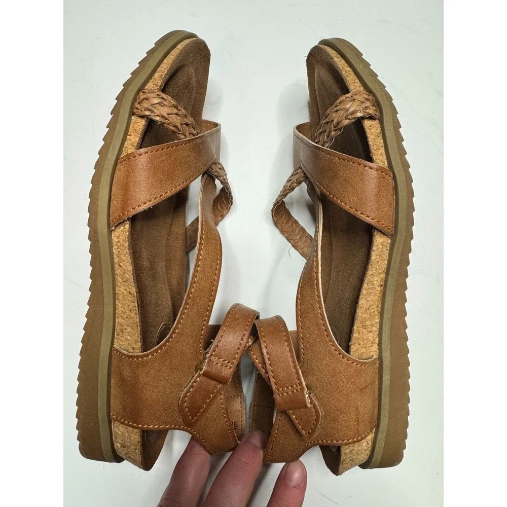 Jessica Cline Size 7M Brooke Wedge Sandals Tan Braided Strappy Crisscross Ankle